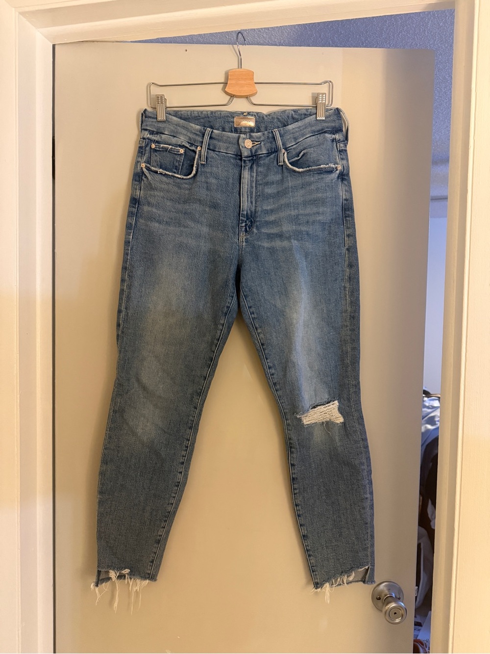 MOTHER Distressed Light Blue Ankle Cropped Jeans